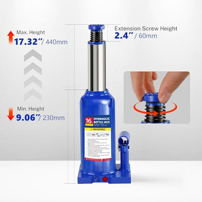 16T Hydraulic Bottle Jack, 32,000 lbs, with Tire Kit | Industrial jack for construction & farm. 9.06"-17.32" lift. Carry handle. Portable. - color: 16 Ton Basic with Tire Repair Kit