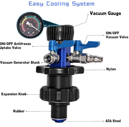 Mhot Cooling System Vacuum Refill Kit, Fast Air Purge Coolant Filling Kit of 15 Pack,Universal Radiator Coolant Vacuum Fill Tool with Dual-Movement Pressure Gauge,Vacuum Leak Tester & Conical Adapter - color: BLUE