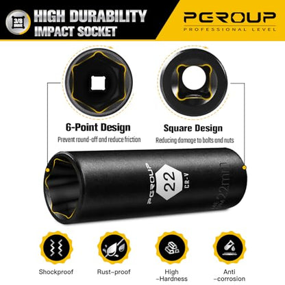 3/8” Drive Deep Impact Socket, Metric(22mm socket), 6-Point, Cr-V Steel With Black Manganese Phosphate Coating - size: 22 mm