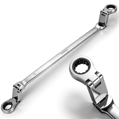 DISEN Extra Long Flex Head Ratchet Wrench Metric 10-11MM, Double Jointed Box End Ratcheting Combination Wrench, 72-Teeth, Cr-V Steel,12 Point - size: 10-11mm SET
