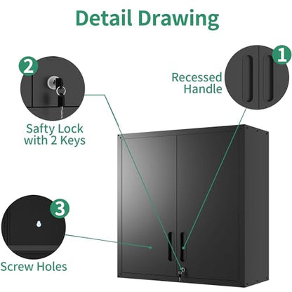 Metal Tool Cabinet,Garage Storage Cabinet System,Wall Cabinet & Locking Rolling Tool Cabinet with Doors and Adjustable Shelves,Steel Tool Cabinets for Home - color: Black
