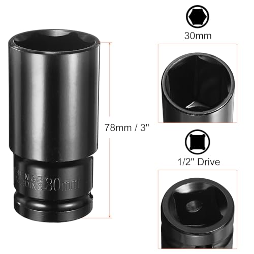 HARFINGTON Deep 6-Point Impact Socket 1/2" Drive 30mm Metric Socket 3" Length with 1/4" Hex Shank Adapter, CR-V Steel Socket Adapter Accessory Tool Set Kit for Hex Bolts Nuts - size: 30mm