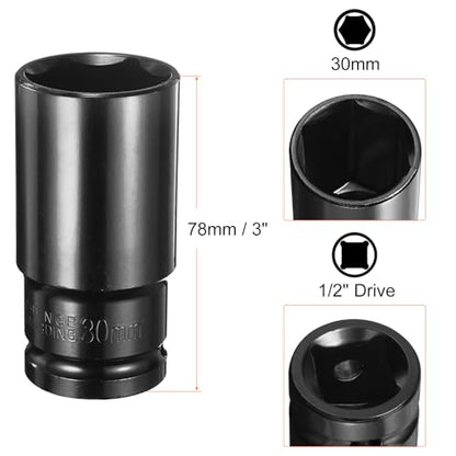 HARFINGTON Deep 6-Point Impact Socket 1/2" Drive 30mm Metric Socket 3" Length with 1/4" Hex Shank Adapter, CR-V Steel Socket Adapter Accessory Tool Set Kit for Hex Bolts Nuts - size: 30mm