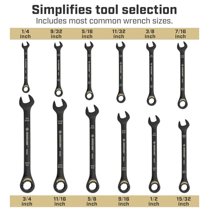 ironcube 12-Piece Ratcheting Wrench Set: SAE 1/4" to 3/4" - 72-Tooth - Tough Black - Chrome Vanadium Steel - with Organizer - size: 12 Piece SAE