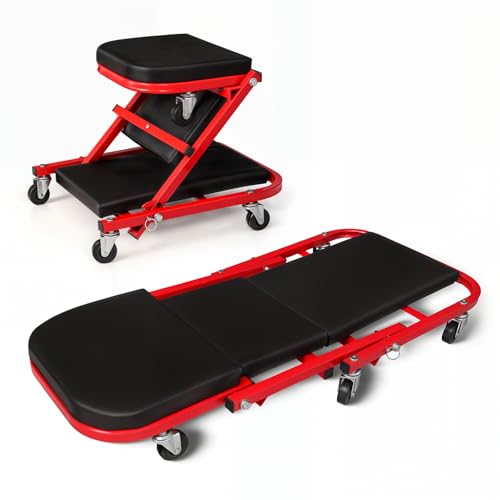 Magshion 36" Triplex Folding Creeper 2-in-1 Garage Foldable Creeper and Seat, Low Profile Mechanic Creeper with 6 Caster Wheels - 330 lbs Capacity (Red) - color: Red, size: 36"