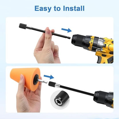 Linkstyle 5PCS Drill Polishing Cone Set, Car Wheel Polisher Sponge Pad Kit with Long Extension Pole & Cleaning Brush, Buffing Cone for 1/4" Hex Drill, Car Rim and Metal Surface Polishing Tool - style: Cone_5PCS