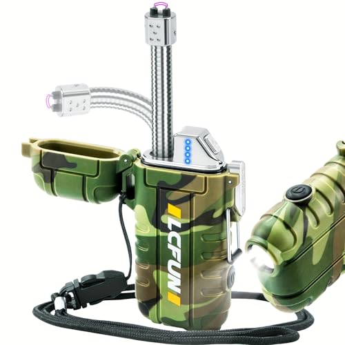 Retractable Neck Plasma Lighter with Flashlight – Windproof USB-Rechargeable Arc Lighter for Camping, Outdoor Gear (Camouflage)
