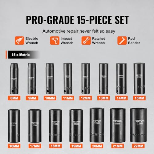 VEVOR 3/8" Drive Impact Socket Set, 15 Piece Deep Socket Set Metric 8-22mm, 6 Point Cr-Mo Alloy Steel for Auto Repair, Easy-to-Read Size Markings, Rugged Construction, Includes Storage Case - style: 3/8" 15PCS CR-MO