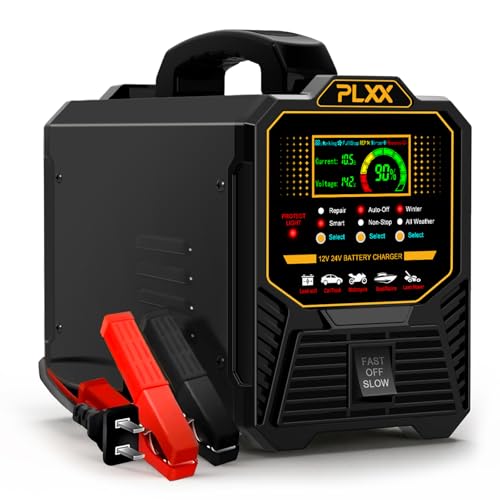 PLXX 12V 24V 0-15A Automatic Car Battery Charger Heavy Duty, Smart Trickle Charger, Battery Repairer with Auto Shut-Off, for Car Truck Motorcycle Boat RV Lawn Mower AGM Gel Wet MF Deep Cycle