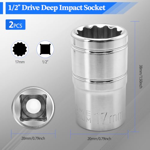 2 Pcs 1/2" Drive 17mm Shallow Impact Socket | Anti-Rounding 12 Point Design, Square Chamfered Opening, Easy Removal of Axle Nut - color: Shallow, size: 17mm