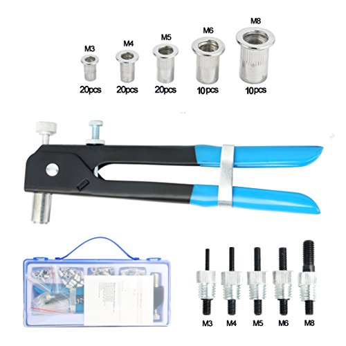 86pcs Heavy Duty Blind Rivet Nut Kit Set, Riveter Tool, Rivet Nut Gun, Thread Hand Riveter, Rivet Gun Threaded Insert Tool, Riveting Tools with 80PCS Metric Rivet Nuts Assortment M3 M4 M5 M6 M8