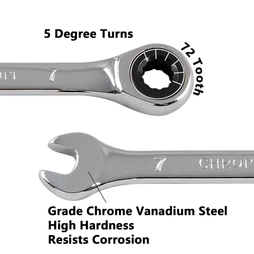 2 Pcs 7mm Ratchet Wrench Metric Ratcheting Wrench Set with 5° Movement and Hardened & 72 Teeth for Projects Metric Tight Spaces - size: 7 mm