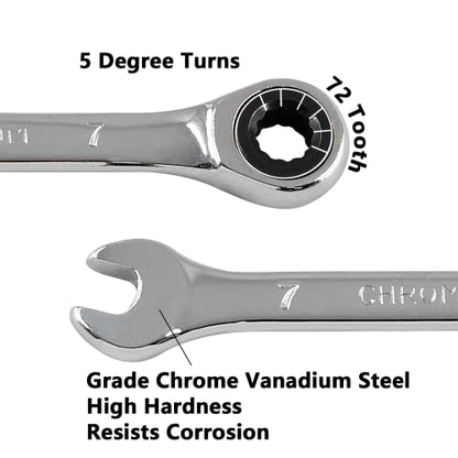 2 Pcs 7mm Ratchet Wrench Metric Ratcheting Wrench Set with 5° Movement and Hardened & 72 Teeth for Projects Metric Tight Spaces - size: 7 mm