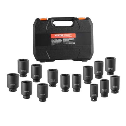VEVOR Axle Nut Impact Socket Set - 1/2" Drive Deep 6+12-Point 14-Piece Metric Spindle Nut Socket CR-V Heat Treated Large Socket Set with Storage Case for Auto Repair, Removing or Installing Axle Nuts - style: 1/2" 14PCS CR-MO