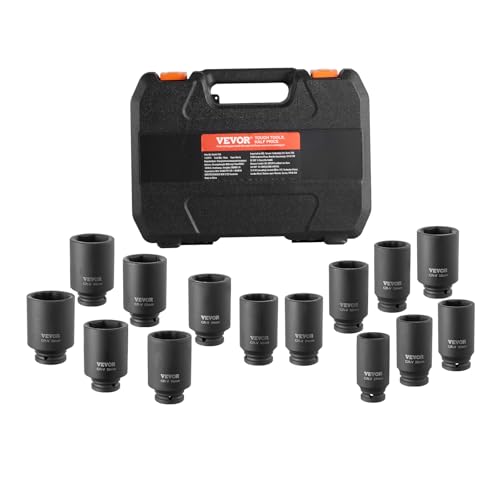 VEVOR Axle Nut Impact Socket Set - 1/2" Drive Deep 6+12-Point 14-Piece Metric Spindle Nut Socket CR-V Heat Treated Large Socket Set with Storage Case for Auto Repair, Removing or Installing Axle Nuts - style: 1/2" 14PCS CR-MO