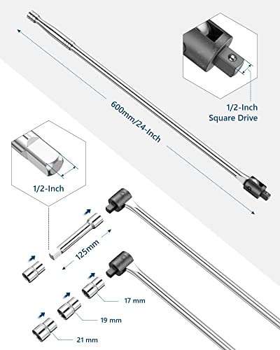 MAXPOWER 1/2-Inch Drive 24" Breaker Bar with 125mm Extension Bar, and 3- piece Sockets Including 17 mm, 19 mm, and 21 mm - style: 24" Flexible drive