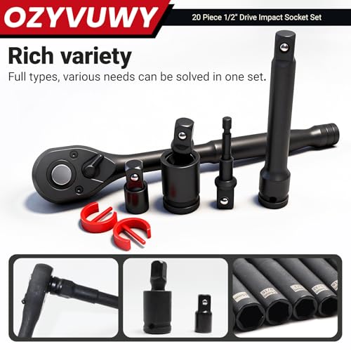 1/2" Drive Impact Socket Set, Heavy Duty Industrial-Grade Deep Sockets, Metric/SAE Extension Bars Standard Deep Socket Set, universal joint, and impact-resistant adapter, Cr-V Steel