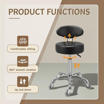 Kaleurrier Rolling Stool with Back Rest, Swivel Chair Adjustable Height, Heavy Duty Stools for Kitchen Salon Bar Office Garage Shop Massage (with Back Rest) (Black) - color: Black
