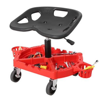 GarveeTech Rolling Mechanic Stool, 300 LBS Capacity, 19 in -25 in Height Adjustable Shop Stool with Tool Tray & 4 in 360° Lockable Swivel Wheels for Garage, Auto Repair, Workshop, ‌Heavy Duty, Red - size: Model 2