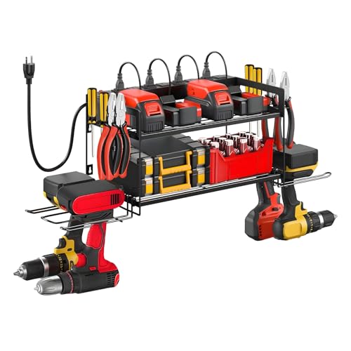 Garage Tool Organizer with Charging Station & Power Strip - 4 Drill Holder Wall Mount Rack, Heavy Duty Metal Shelf for Workshop Organization - color: With charging station, size: 2 Layer/4 Tool Holder