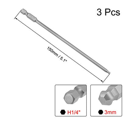uxcell 3 Pcs H3 (3mm) Ball End Screwdriver Bits, S2 Steel Magnetic 5.1 Inch Long Drill Bit with 1/4 Inch Hex Shank - size: H3