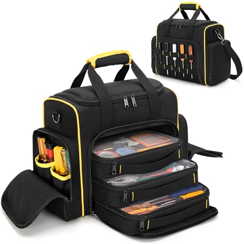 Marscamd Tool Bag with 3 Removable Cases, 2 Layers Tool Tote for Hand Tools, Black with Yellow Binding - color: Black with Yellow Binding