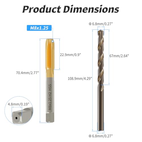 Tap and Drill Bit Set, M8x1.25 Tap + 6.8mm Drill, Titanium Coated | For M8x1.25 Thread Tapping and Drilling, Ti Coated Tap and Twist Drill Combo for Industrial Mechanics Metalworking - size: M8*1.25 + 6.8mm