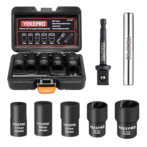 7PCS Lug Nut Removal Tool, 1/2" Drive Impact Twist Lug Nut Removal Socket Set, Wheel Lock Removal Kit, Stripped For Damaged, Frozen, Studs, Rusted, Nuts & Screws, Cr-Mo Steel - size: 7-Piece Twist Socket Set