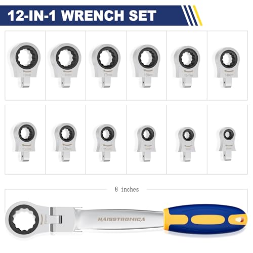 haisstronica 12 in 1 Interchangeable Heads Ratcheting Combination Wrench Set, 8-19mm Metric Flex Head Ratchet Wrench Tool for Auto, Tools for Men Gifts - size: Metric-12 in 1