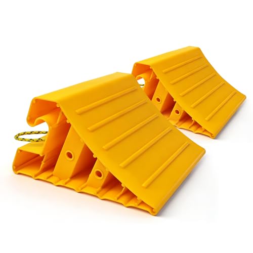 ROBLOCK 2 Pack Wheel Chocks for RV Trailer, Wider Lightweight Wheel Stops with Rope, Yellow Non-Slip Wheel Chocks for Travel Trailers, RV Accessories | Wider, Non-Slip, Lightweight