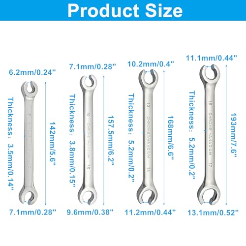 Flare Nut Wrench, 8 10 12 13 14 15 17mm Chrome Vanadium Steel Tool for DIY Automotive Repairs, Fuel Lines, Brake Systems and Household Maintenance