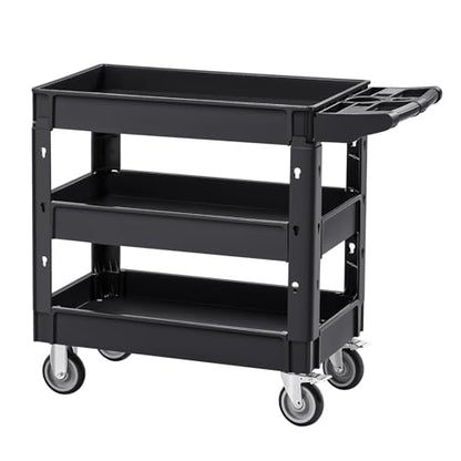 VEVOR Utility Cart, 3-Tier Plastic Service Cart with 550LBS Capacity, 360° Swivel Casters (Including 2 Locking Wheels), Medium Lipped Shelves, Ergonomic Handle, for Garage, Warehouse, Cleaning Tasks