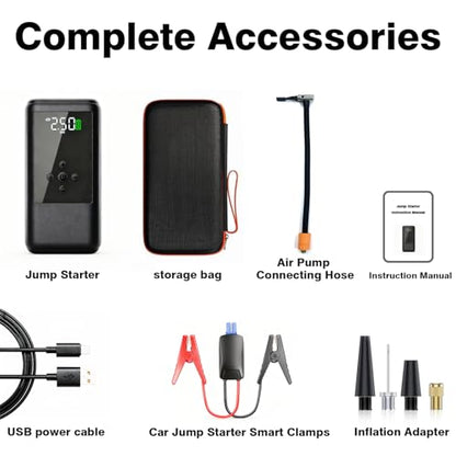 Jump Starters with Air Compressor | 250PSI Tire Inflator Portable Car Battery Booster with, 12V Supersafe Lithium Jump Box Car Battery Jumper Starter (10.0 Gas/6.5L Diesel)