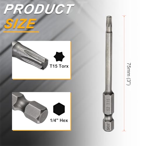 HARFINGTON 10pcs T15 Torx Head Screwdriver Bit 1/4" Hex Shank 3" (75mm) Long Magnetic No Hole Tip Tamper Proof 6 Point Star Screw Driver Drill Bits S2 Steel Industrial Power Screwdrivers - size: T15 x 3"