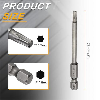 HARFINGTON 10pcs T15 Torx Head Screwdriver Bit 1/4" Hex Shank 3" (75mm) Long Magnetic No Hole Tip Tamper Proof 6 Point Star Screw Driver Drill Bits S2 Steel Industrial Power Screwdrivers - size: T15 x 3"