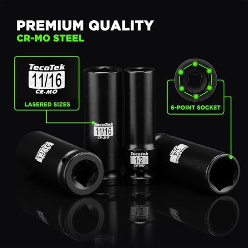 TecoTek 14PCS 1/2" Deep Drive Impact Socket Set, 6-Point, SAE (3/8" to 1-1/4"), CR-MO Steel, With a Storage Case - size: 0.375-1.250 inches (14 Pieces)