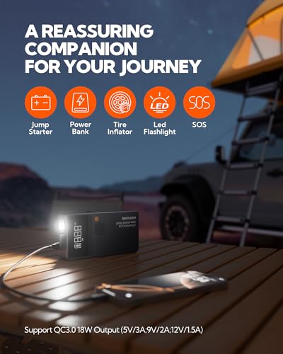 Car Battery Jump Starter with Air Compressor,44.4Wh Battery Jump Box with Tire Inflator,Jump Booster with Smart Jumper Cables,LED Light Emergency Car Kits for Vehicles,Arrancador Ae Batería - style: JC8 With Air Compressor 12000mAh