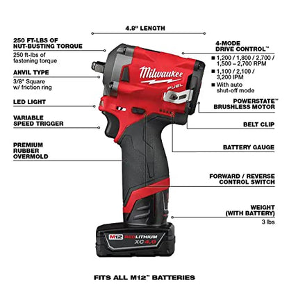 Milwaukee M12 FUEL 2555-22 12-Volt Lithium-Ion Brushless Cordless Stubby 1/2 in Impact Wrench Kit