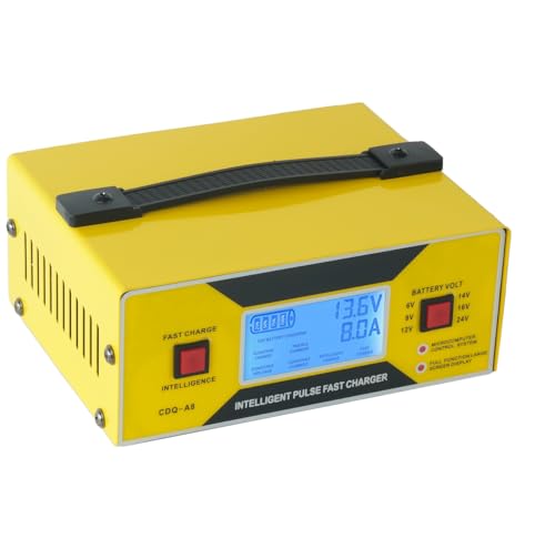 6/8/12/14/16/24V Battery Charger Automotive 0-10A, Smart Car Golf Cart Battery Charger, Maintainer and Automatic Charger with Cable Clamps, Suitable for Lead-Acid Batteries (Yellow with Handle)