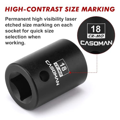 CASOMAN 1/2" Drive x 18mm Impact Socket, 6-Point, Metric, CR-MO - size: 18 mm (Shallow), style: 6-Point Socket