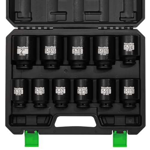 TecoTek 1/2" Drive Deep 6-Point Impact Socket Set, 11-Piece Standard SAE Spindle Axle Nut Impact Socket Set, Cr-Mo, 1-3/8-Inch to 2-Inch Size - size: 1-3/8-Inch to 2-Inch (11 pieces)