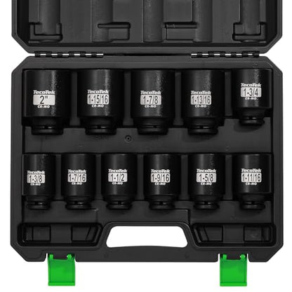 TecoTek 1/2" Drive Deep 6-Point Impact Socket Set, 11-Piece Standard SAE Spindle Axle Nut Impact Socket Set, Cr-Mo, 1-3/8-Inch to 2-Inch Size - size: 1-3/8-Inch to 2-Inch (11 pieces)