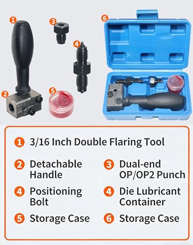 Universal Car Brake Line Flaring Tool Kit, 3/16 Inch Brake Line Double Flare Tool, Heavy Duty Manual Flaring Tools for Tubing, Brake Fuel Line Repair for Cars, Trucks & Motorcycles