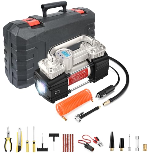 GSPSCN 12V Digital Heavy Duty Tire Inflator PortableAir Compressor Pump | with Toolbox Tire Repair Kit 6X Faster Inflation Auto shut-off Dual Cylinders Air Pump 150Psi for Car,Pickup Truck,SUV,Balls