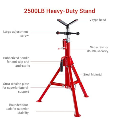 GarveeTech Heavy-Duty Pipe Stand Adjustable Folding Pipe Jack Stand | Robust Steel Construction, 2500 LBS Load Capacity | V Head Pipe Jack Stands for Welding, Automotive, Construction Projects