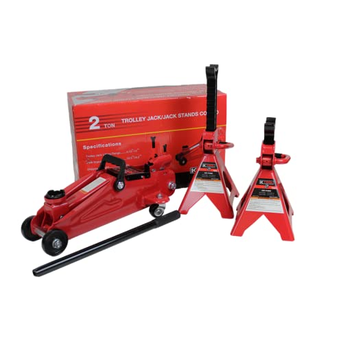 K Tool International 63097A 2 Ton Automotive Trolley Floor Jack with Jack Stands for Garages, Repair Shops, and DIY, 4,000 lbs. Capacity, Hydraulic Lifting Range 5-1/8" to 13", Heavy Duty Steel, Red