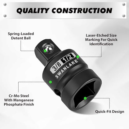 SWANLAKE GARDEN TOOLS 7-Piece Impact Swivel Socket Adapter Set, 1/4" 3/8" 1/2" Drive Universal Joint Socket Set CR-MO Steel, Wobble Joint Sockets Reducer with Magnetic Aluminum Sockets Rail - style: 7-Piece Socket Adapter