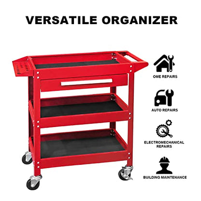 GSTANDARD APTB311R Torin Rolling Tool Cart with Drawer: 3 Layer Tool Oragnizer with Foam Pad and Heavy Duty Utility Cart with Four Swivel Casters, Red - color: Red, style: 3 Shelves with Drawer