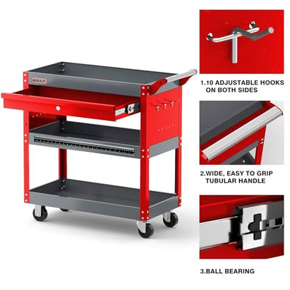 AIRAJ Rolling Tool Cart,Heavy Duty Tool Cart on Wheels,440LB Load Capacity,Utility Tool Cart with Drawers,Storage Cart with Locking System,Hooks and Parts Box for Mechanic,Warehouse,Workshop - size: Red