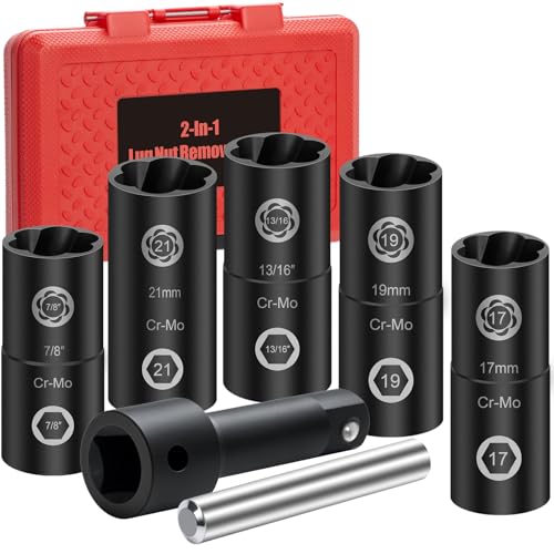 2-In-1 Lug Nut Removal Tool & Impact Socket Set, with 1/2" Drive, Easy Out Broken Bolt Extractor Kit, Ez Out Stripped Wheel Lock for Removing Rounded, Rusted Bolts, Nuts & Screw 7-Pieces